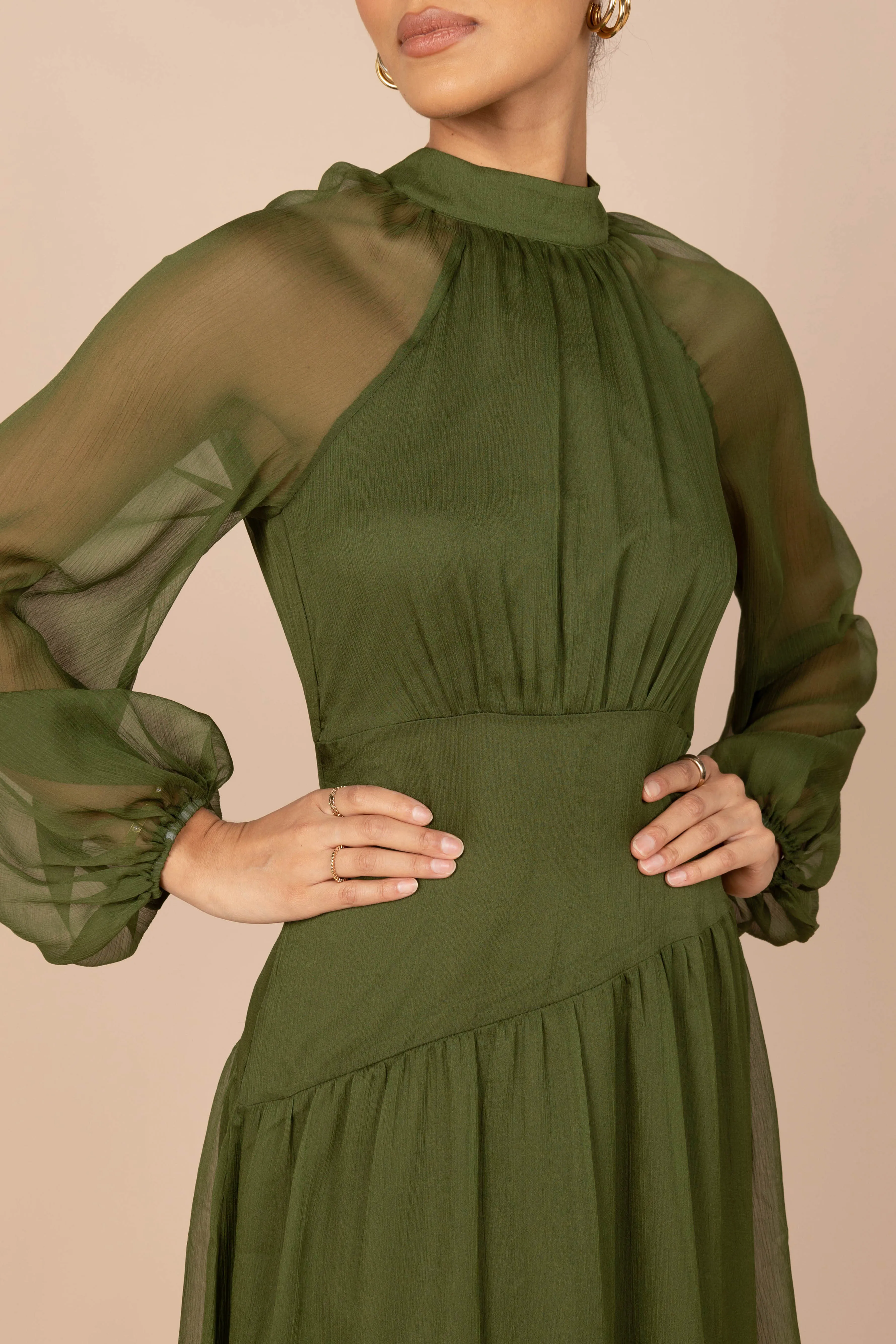 Julip Sheer Long Sleeve Maxi Dress - Olive