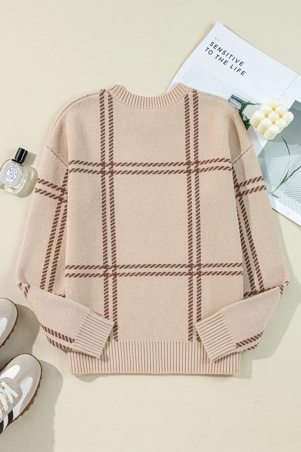 KaleaBoutique Plaid Pattern Knitted Drop Shoulder Sweater