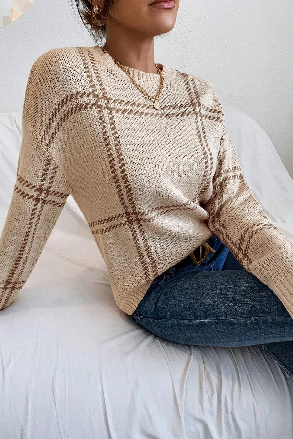 KaleaBoutique Plaid Pattern Knitted Drop Shoulder Sweater