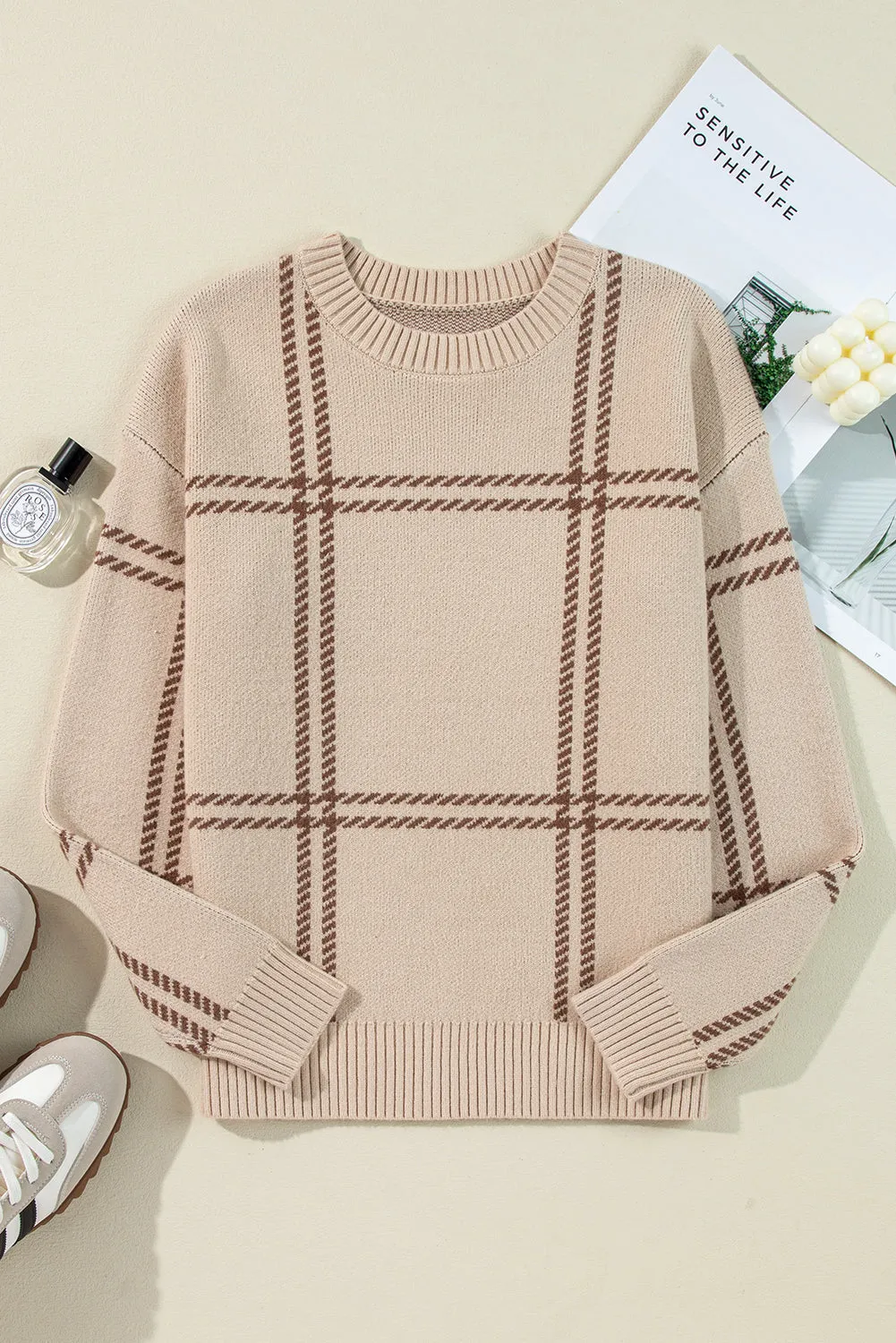KaleaBoutique Plaid Pattern Knitted Drop Shoulder Sweater