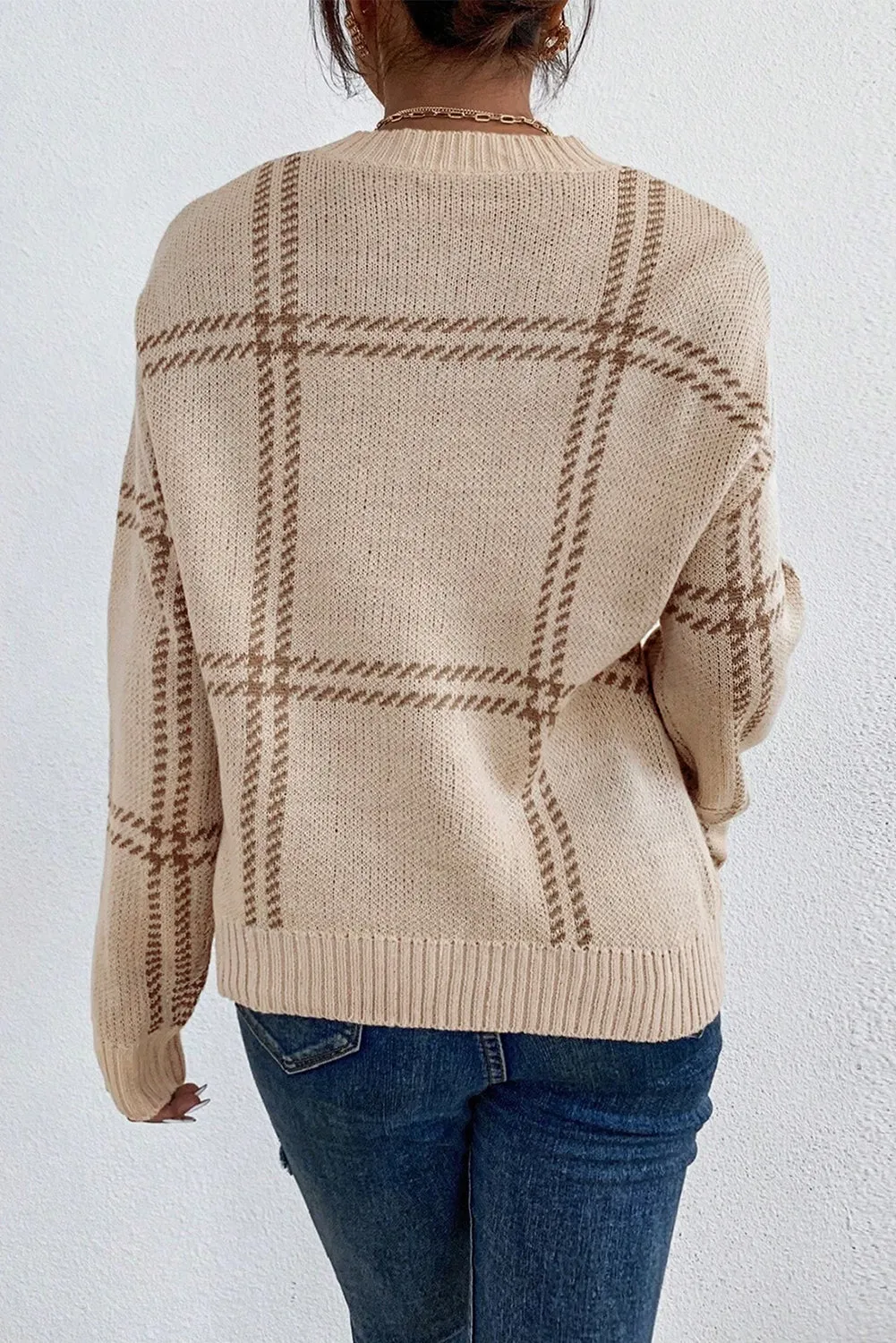 KaleaBoutique Plaid Pattern Knitted Drop Shoulder Sweater