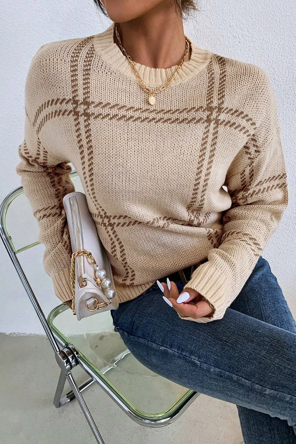 KaleaBoutique Plaid Pattern Knitted Drop Shoulder Sweater