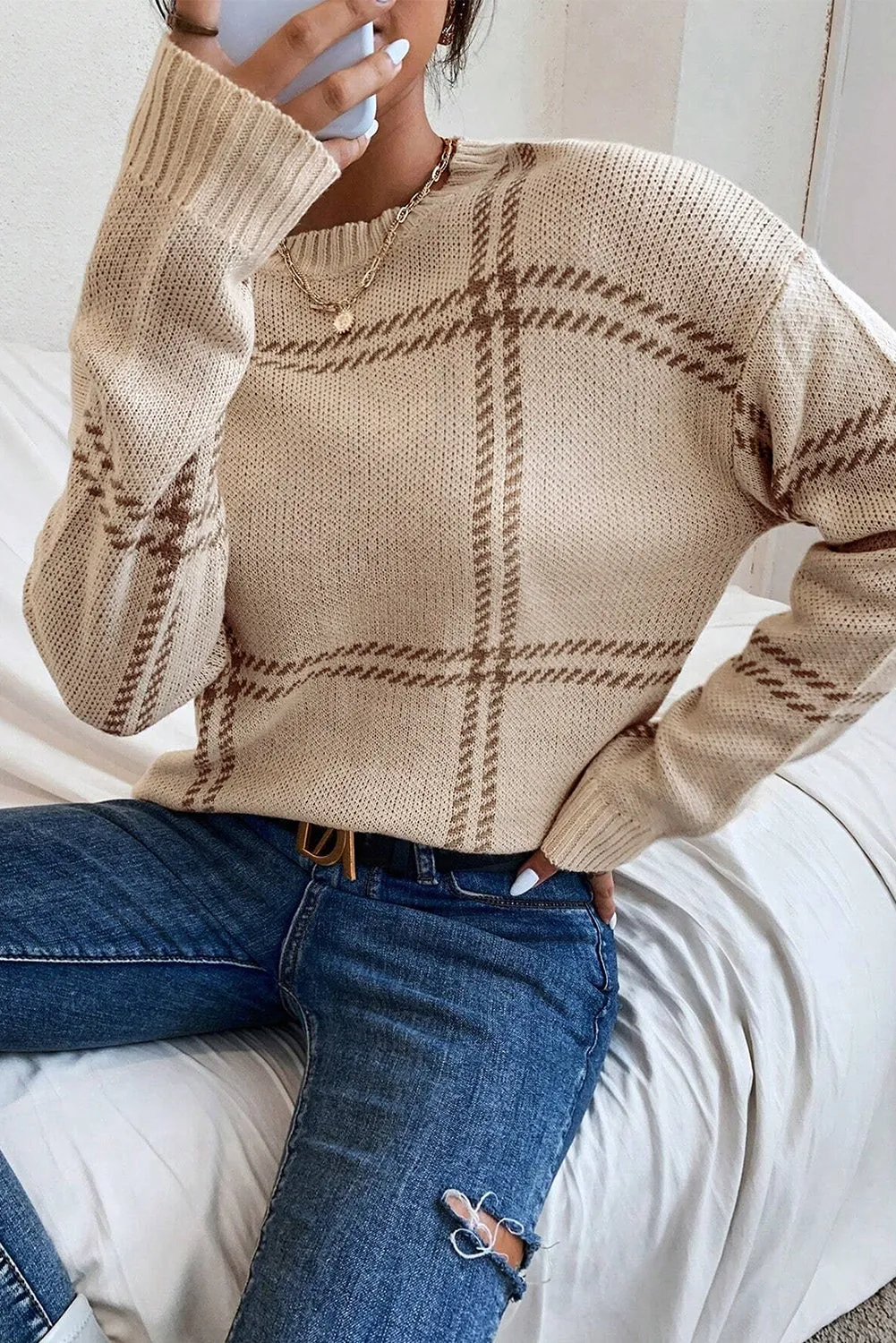 KaleaBoutique Plaid Pattern Knitted Drop Shoulder Sweater