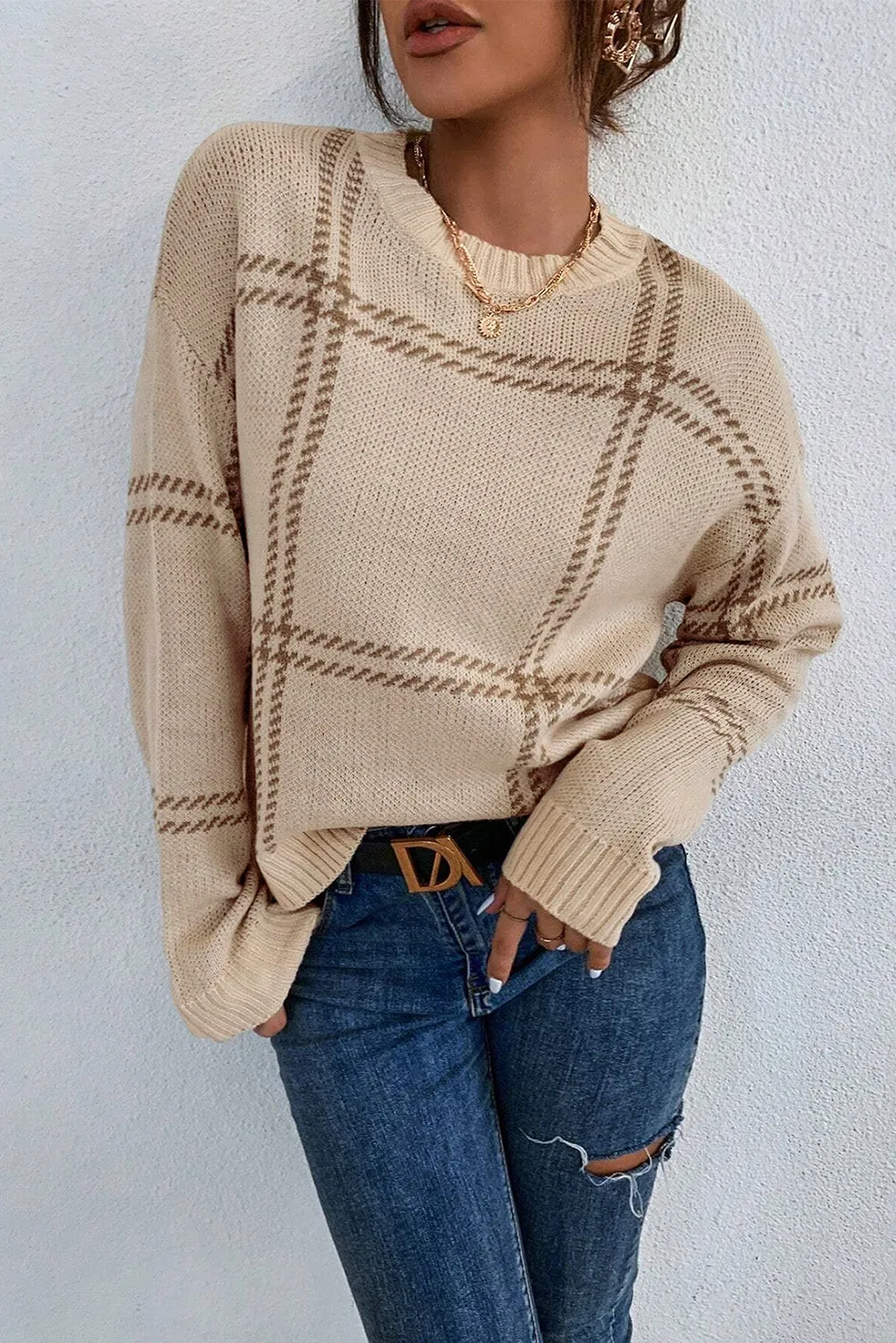 KaleaBoutique Plaid Pattern Knitted Drop Shoulder Sweater