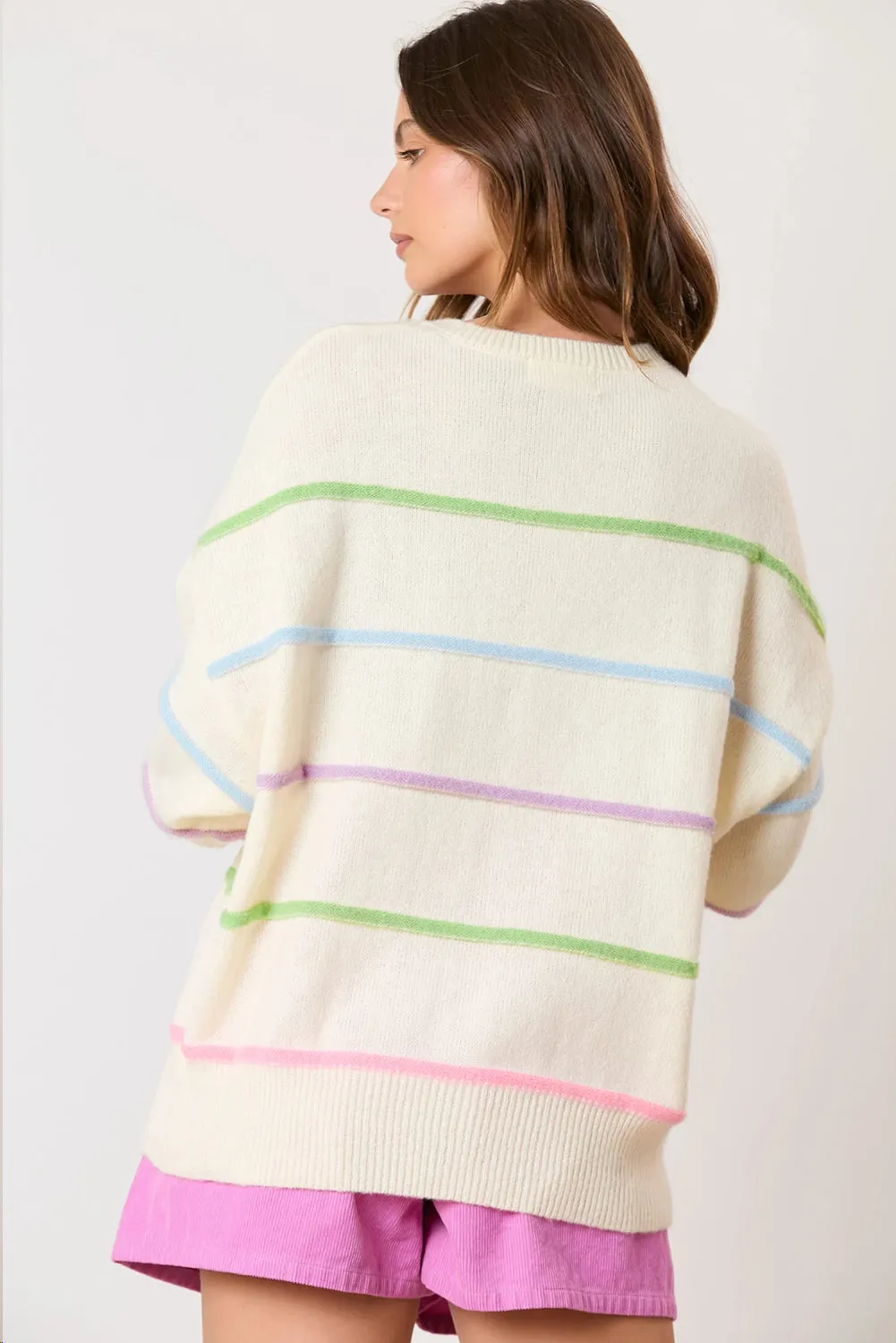 KaleaBoutique Rainbow Stripes Drop Shoulder Baggy Henley Sweater
