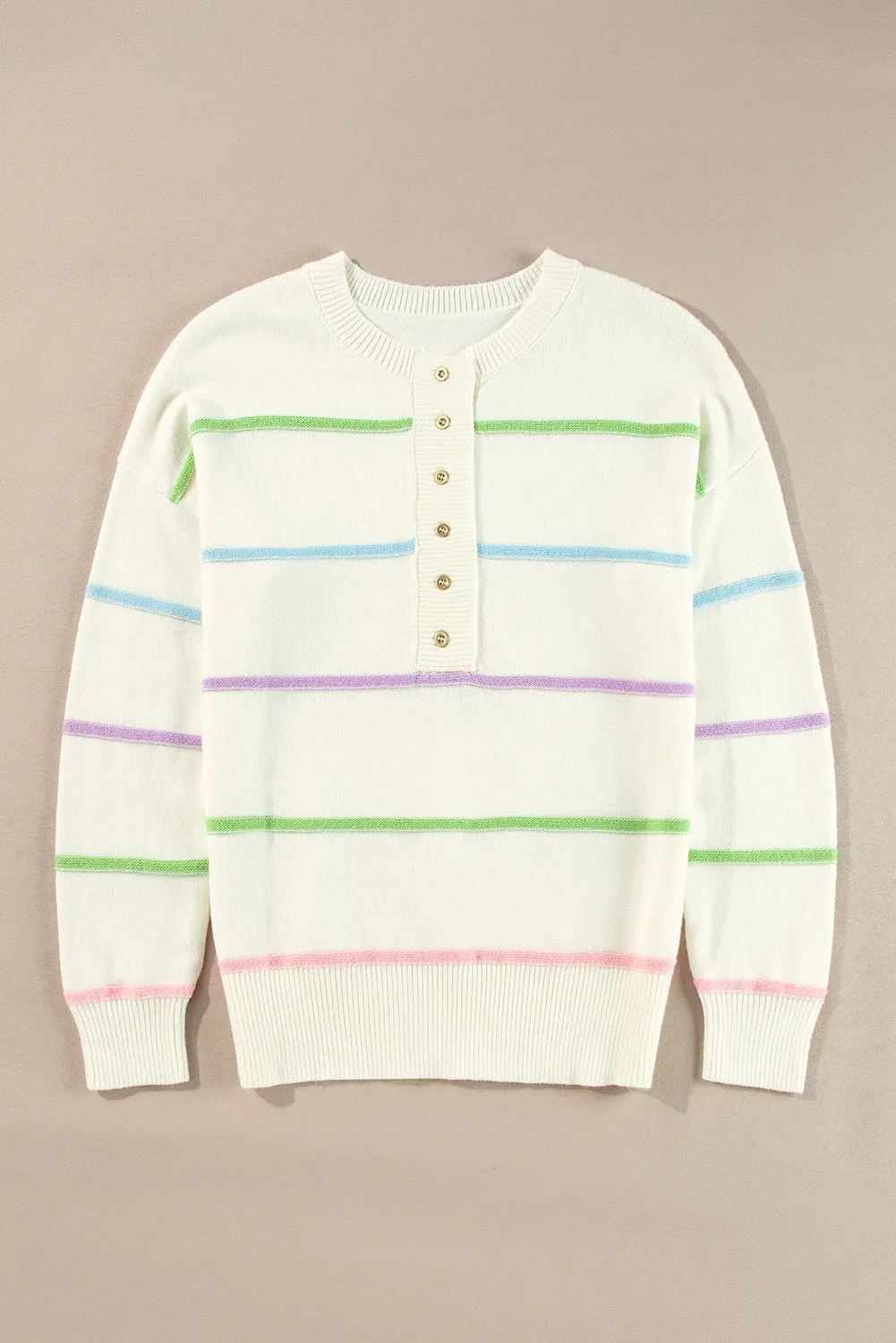 KaleaBoutique Rainbow Stripes Drop Shoulder Baggy Henley Sweater