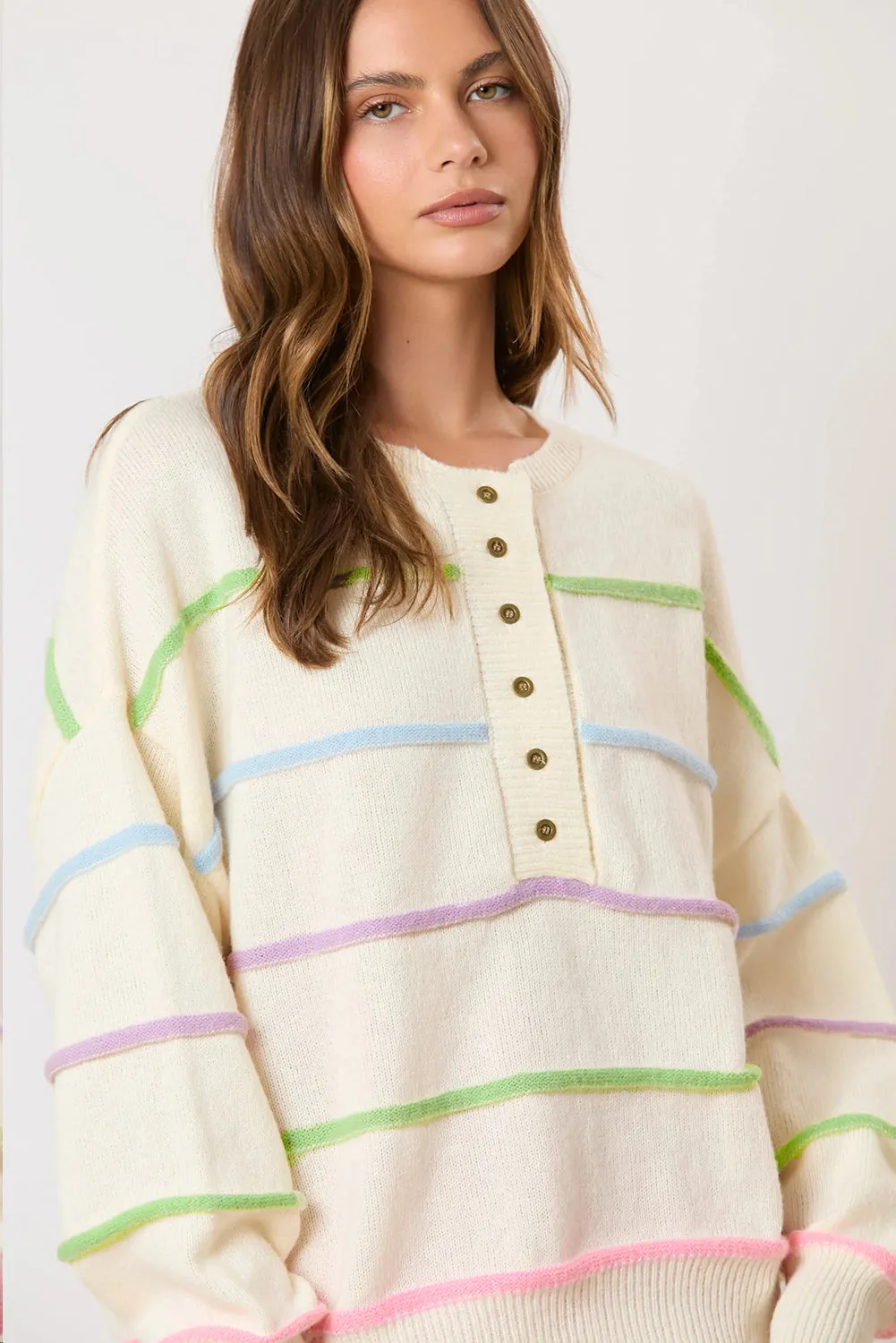 KaleaBoutique Rainbow Stripes Drop Shoulder Baggy Henley Sweater
