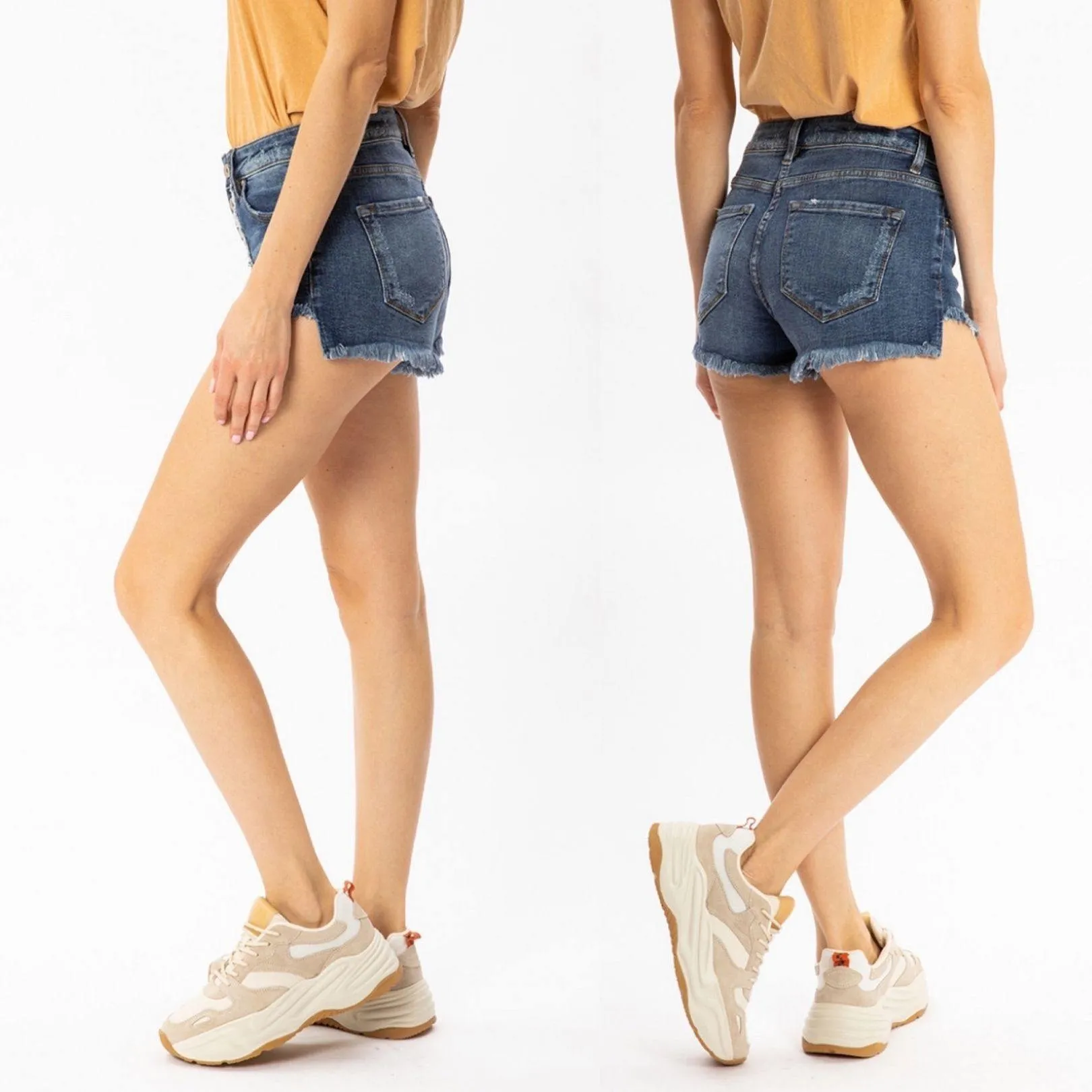 Kancan KC8576D High Rise Dark Wash Button Up Denim Shorts