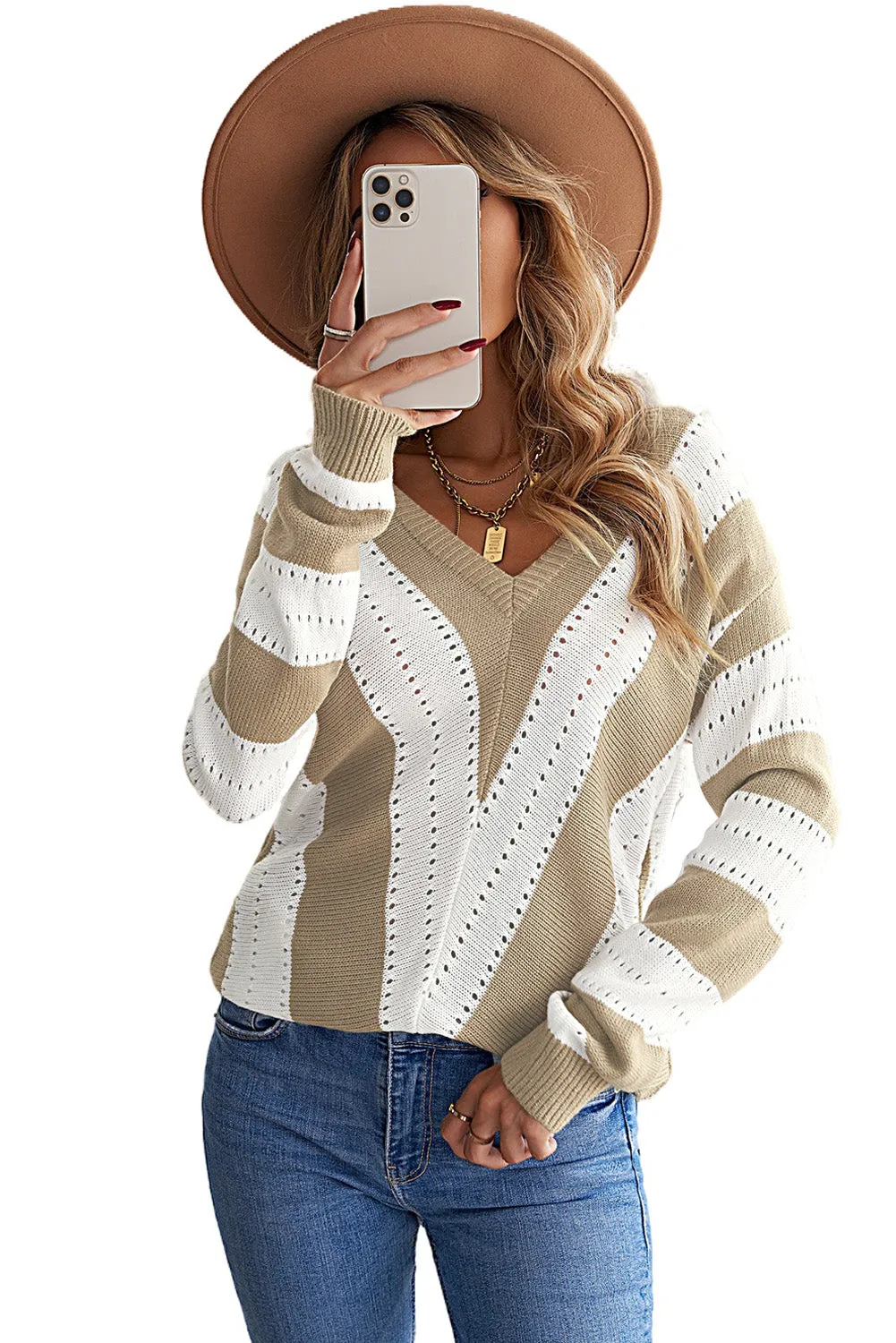 Khaki Striped Colorblock V Neck Knitted Sweater