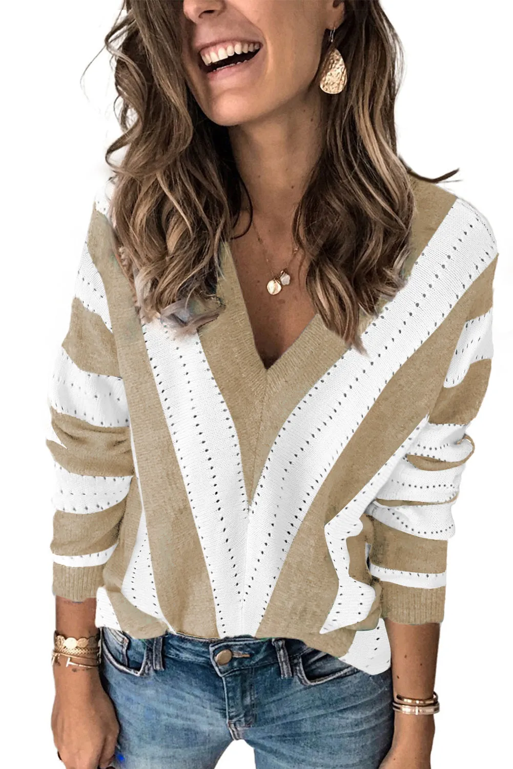 Khaki Striped Colorblock V Neck Knitted Sweater