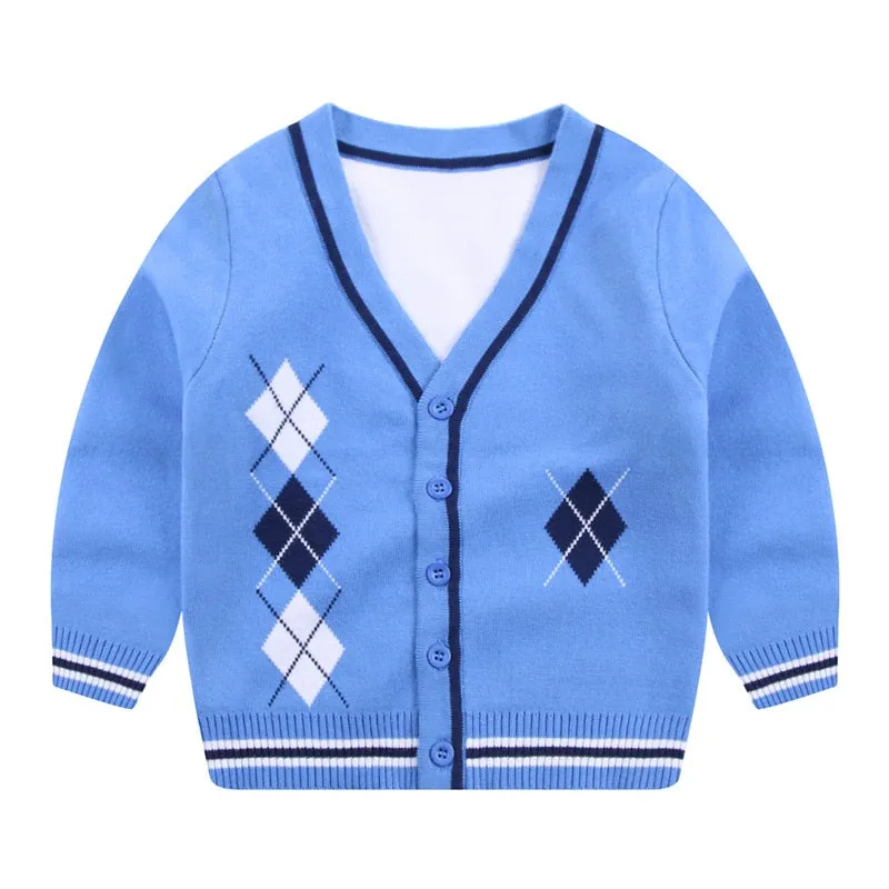 Kids Boys Casual Lattice Knitted Cardigan - Red, Yellow, Sky Blue, Blue