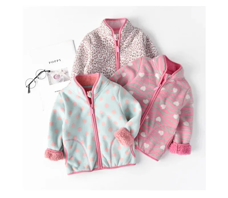 Kids Winter Fleece Thicken Warm Long Sleeve Wool Jacket - Blue Pink Dots