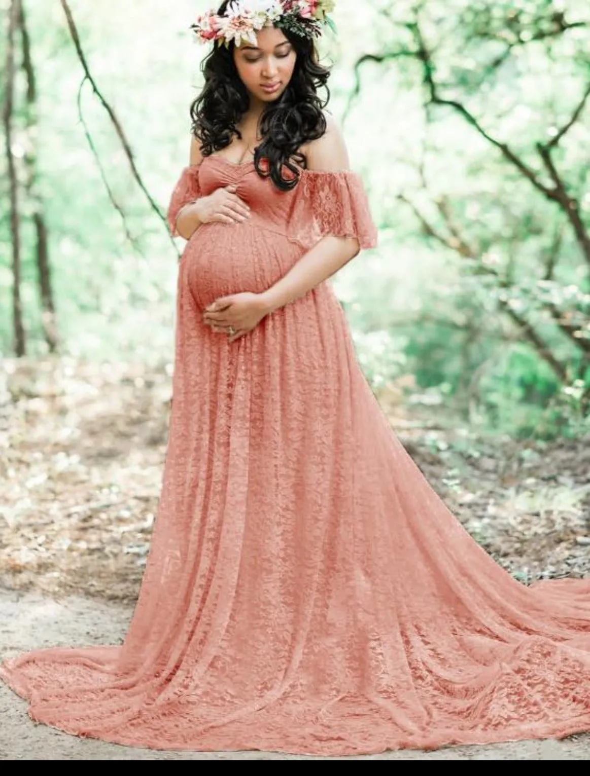 Lace Maternity Maxi Dress With Train
