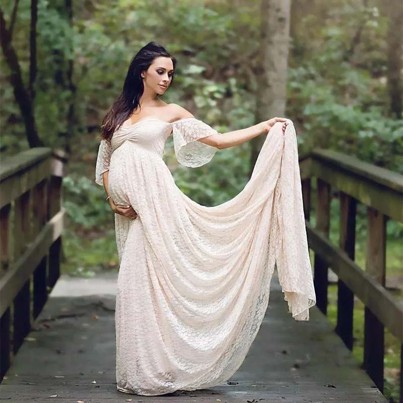 Lace Maternity Maxi Dress With Train