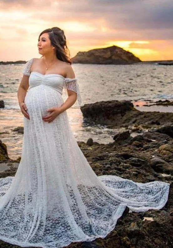 Lace Maternity Maxi Dress With Train