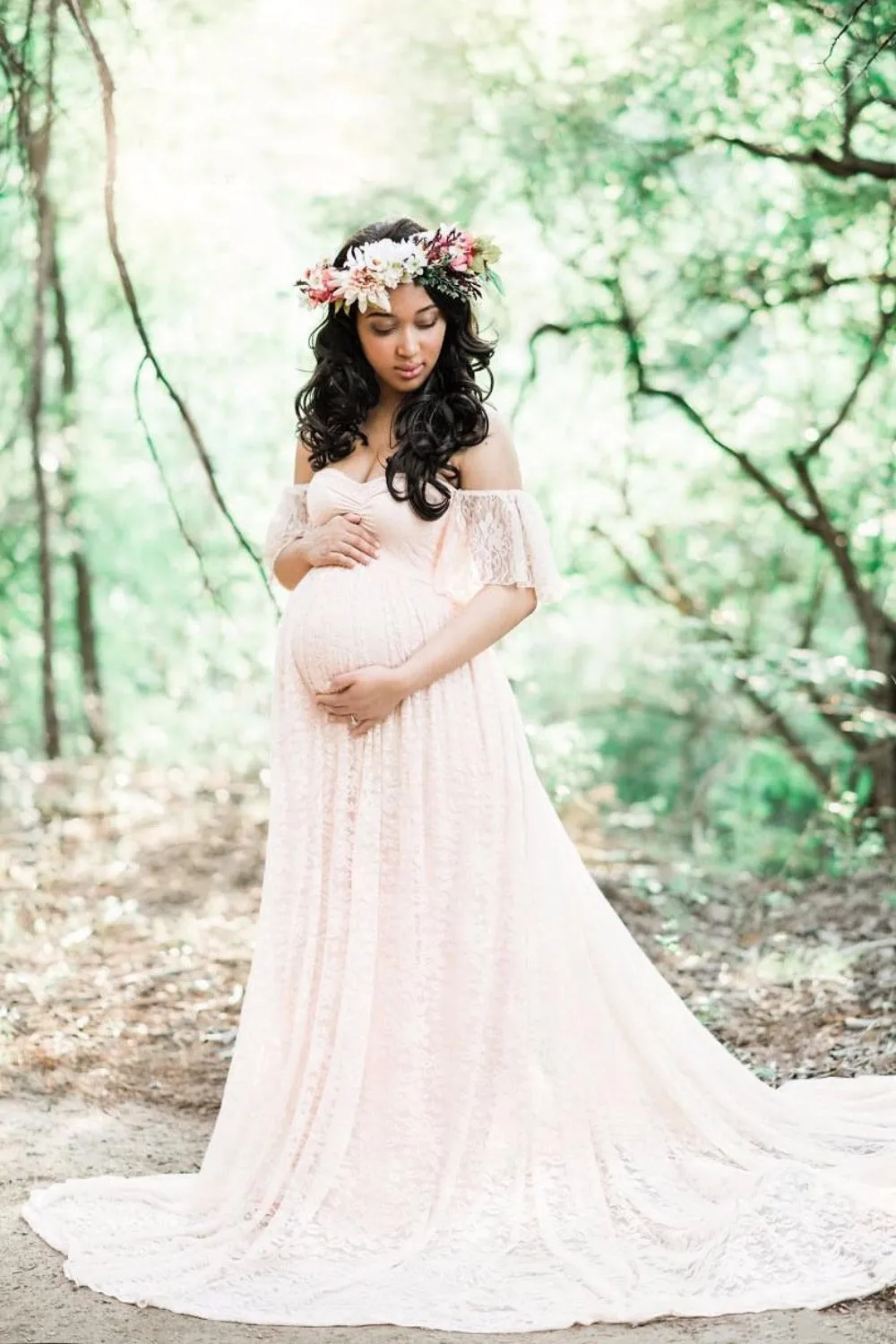 Lace Maternity Maxi Dress With Train