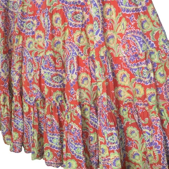 Lauren Ralph Lauren Sz L Maxi Skirt Tiered 100% Cotton Orange Purple Boho EUC