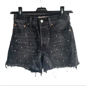 LEVI’S Black High Waisted Studded Embellished Cut Off Denim Shorts 24