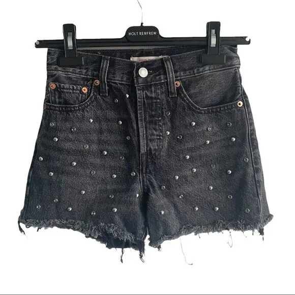 LEVI’S Black High Waisted Studded Embellished Cut Off Denim Shorts 24