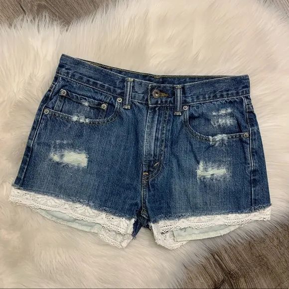 Levi's Vintage Denim Distressed Jean Shorts with Lace Trim Detail 25