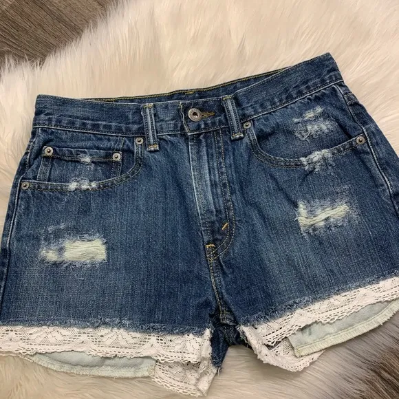 Levi's Vintage Denim Distressed Jean Shorts with Lace Trim Detail 25