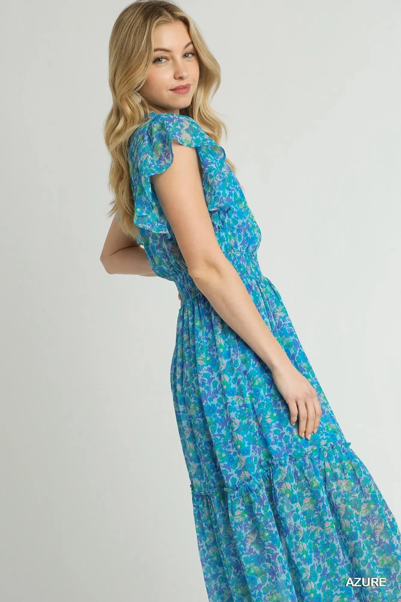 Lurex Metallic Floral Print Split Neck R