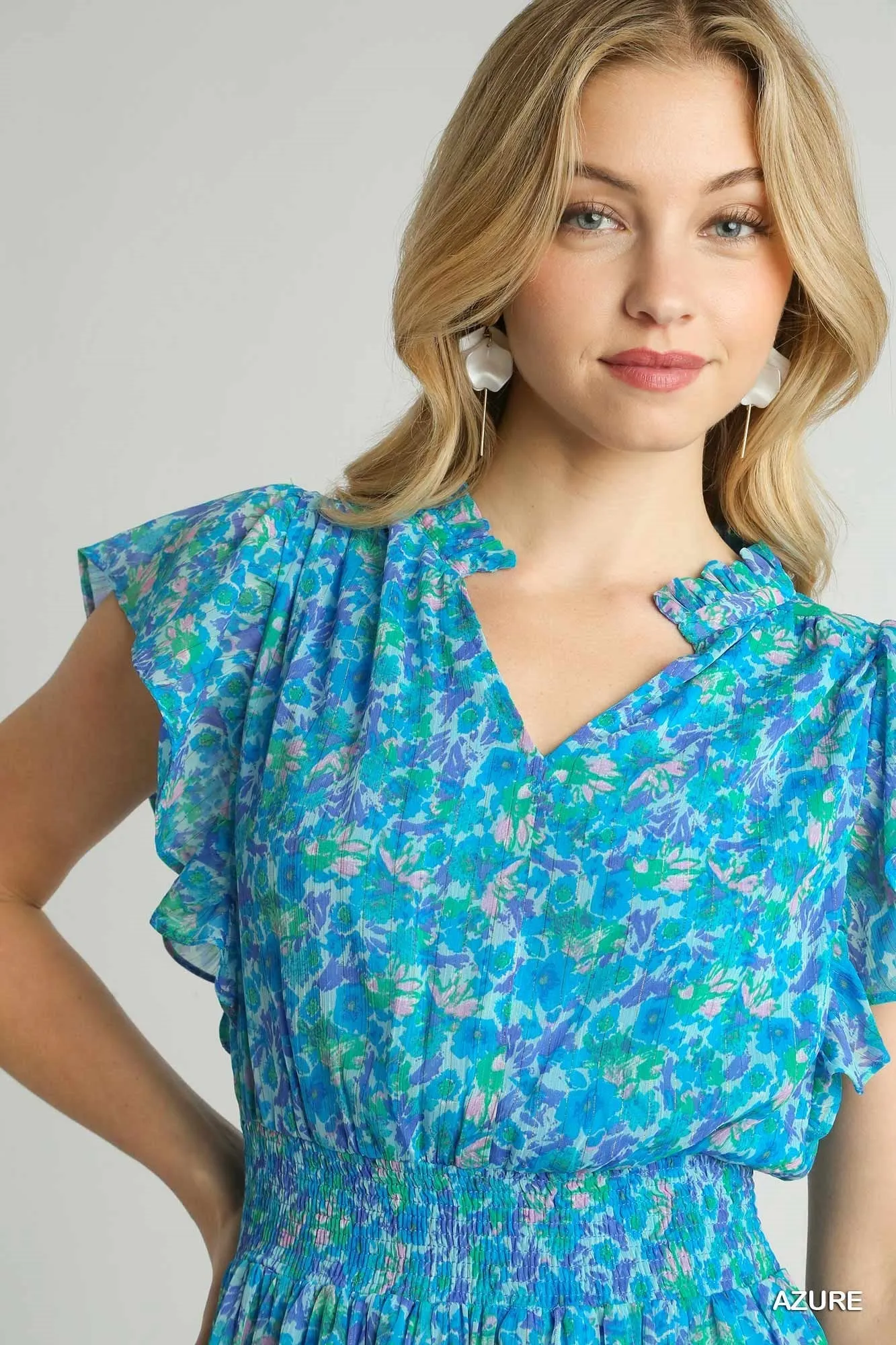Lurex Metallic Floral Print Split Neck R