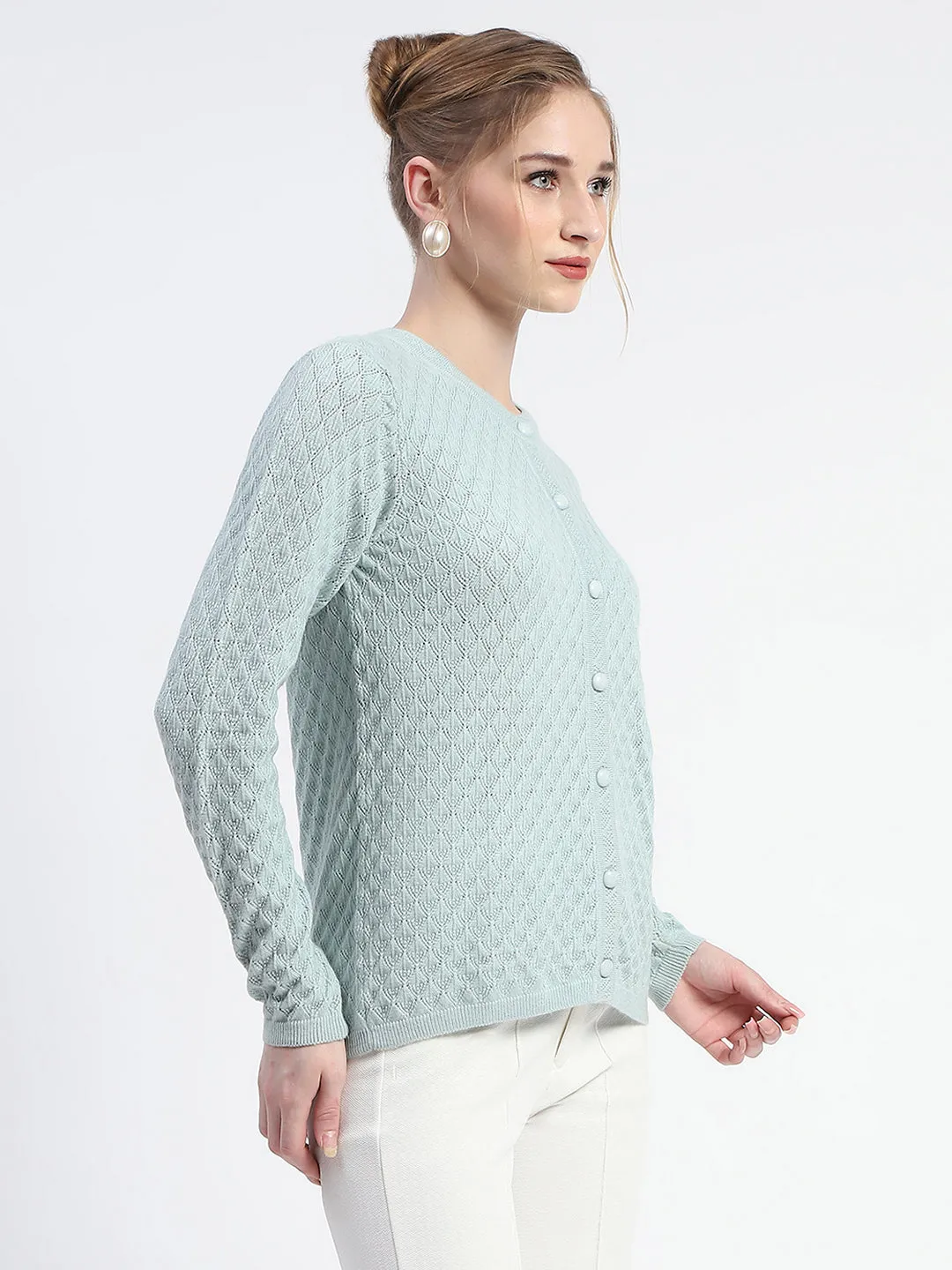 Madame Cable Knit Solid Mint Buttoned Cardigan