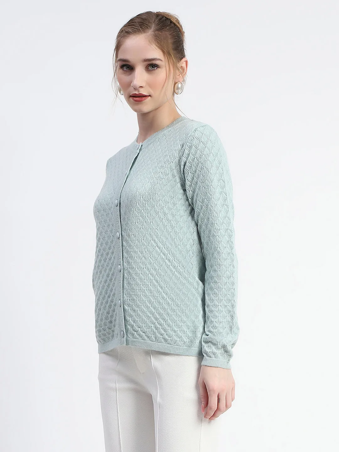 Madame Cable Knit Solid Mint Buttoned Cardigan