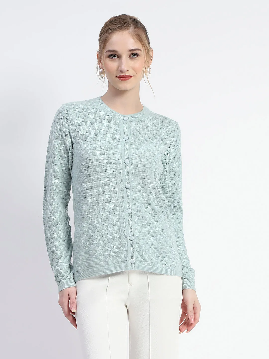 Madame Cable Knit Solid Mint Buttoned Cardigan