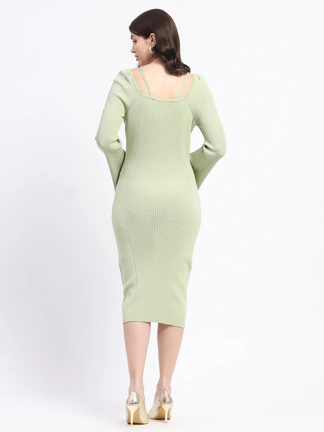 Madame Mint Green Knitted Midi Dress with Flounce Sleeves