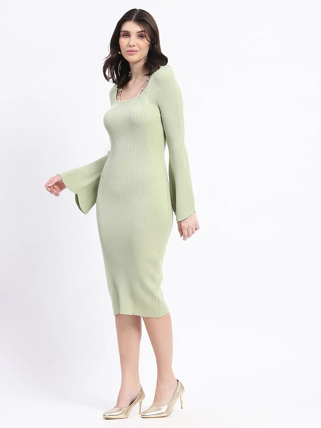 Madame Mint Green Knitted Midi Dress with Flounce Sleeves