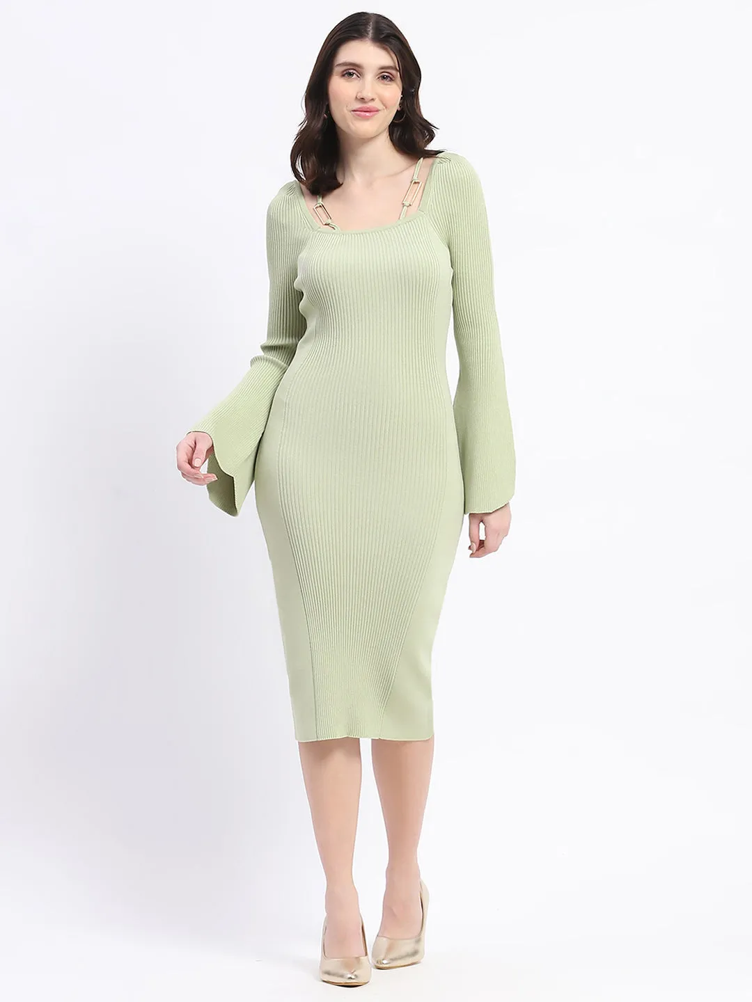 Madame Mint Green Knitted Midi Dress with Flounce Sleeves