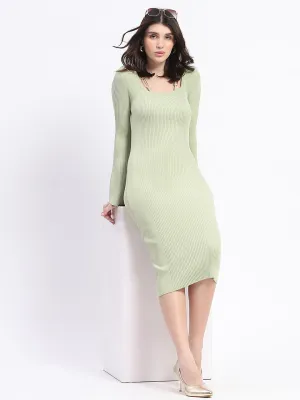 Madame Mint Green Knitted Midi Dress with Flounce Sleeves