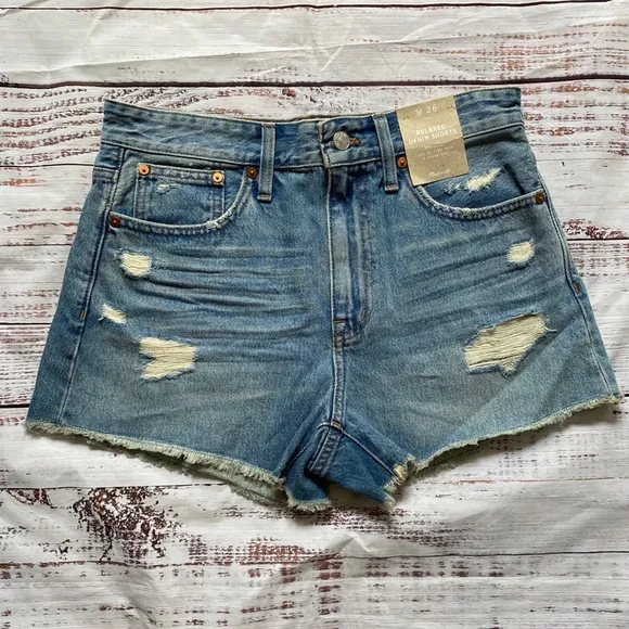 Madewell Relaxed Denim Raw Hem Distressed Shorts 26 NWT