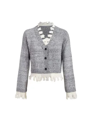Malina Fringe Trim Button-Up Cardigan Sweater in Grey