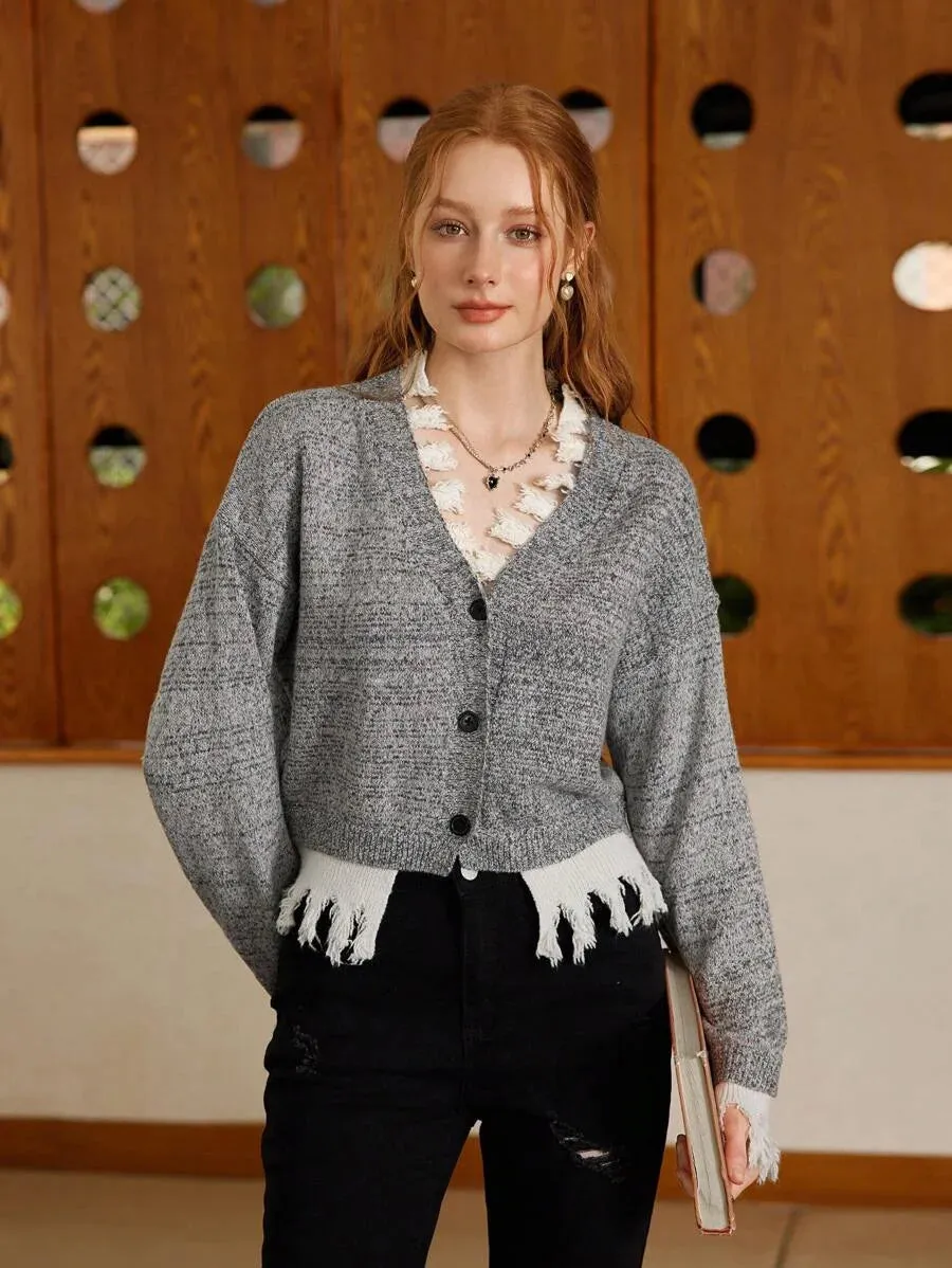 Malina Fringe Trim Button-Up Cardigan Sweater in Grey