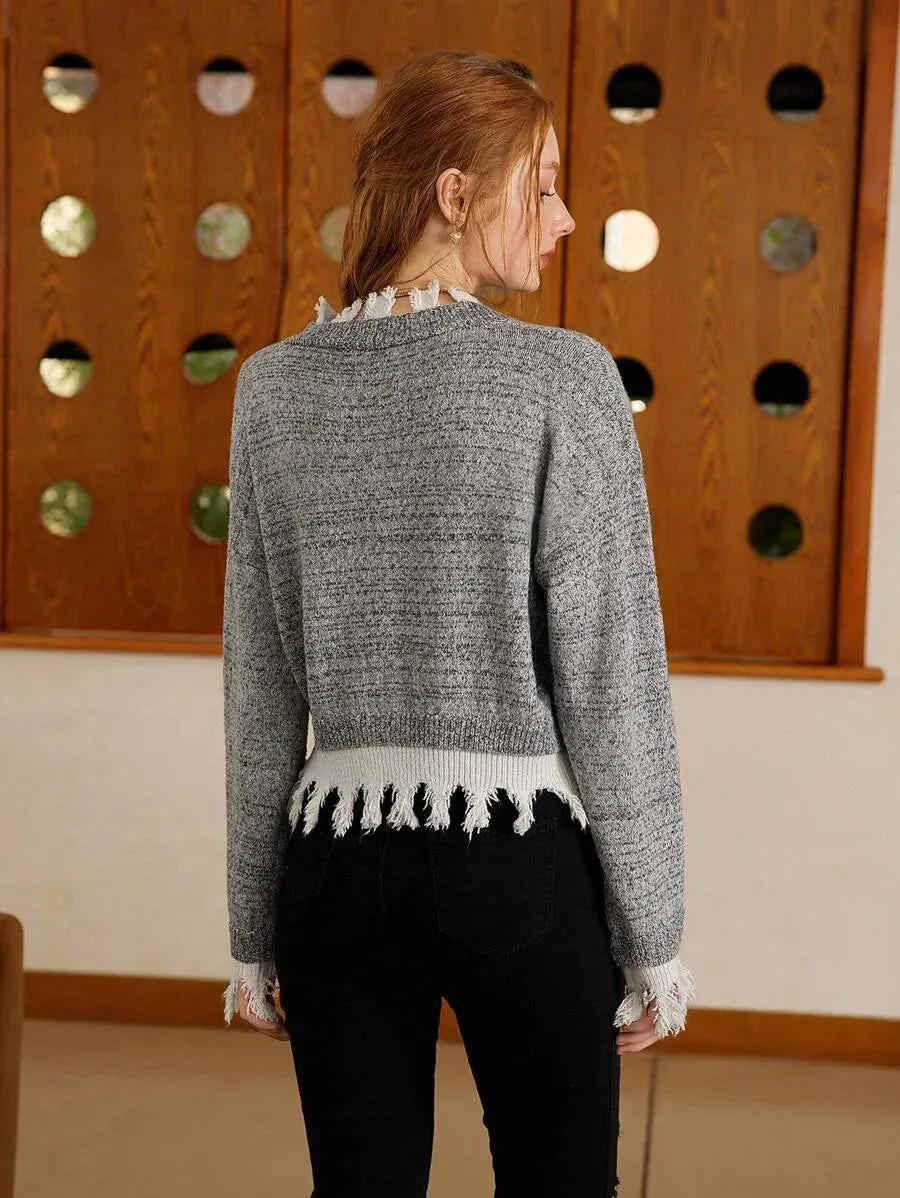 Malina Fringe Trim Button-Up Cardigan Sweater in Grey