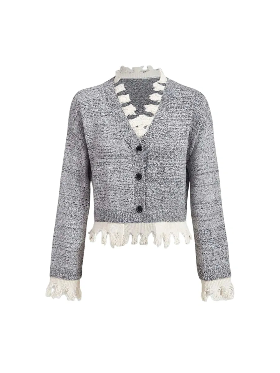 Malina Fringe Trim Button-Up Cardigan Sweater in Grey