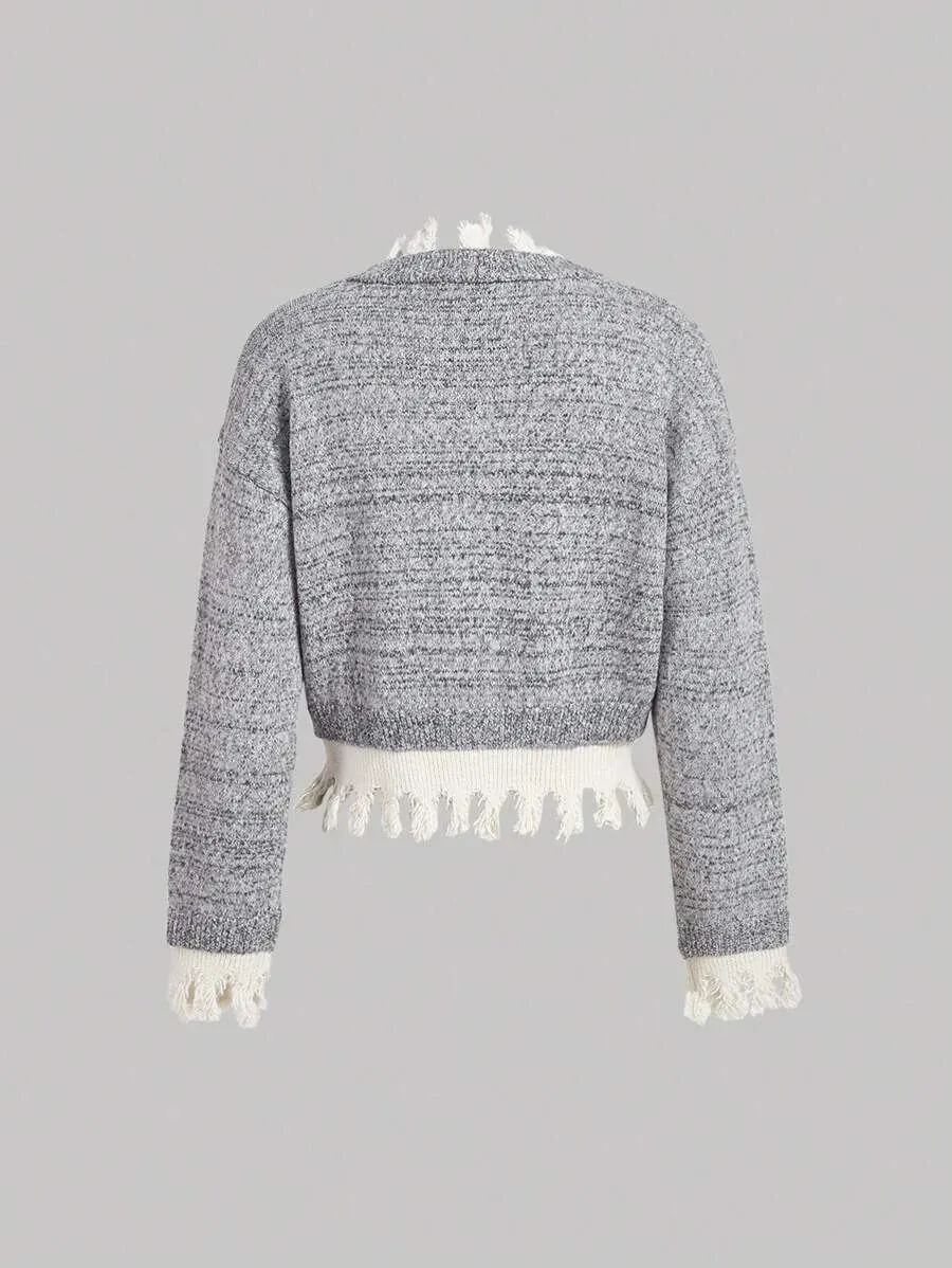 Malina Fringe Trim Button-Up Cardigan Sweater in Grey