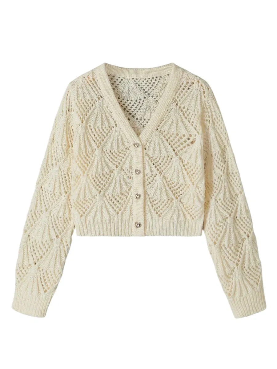 Mckenna Button-Up V-Neck Knit Cardigan in Apricot