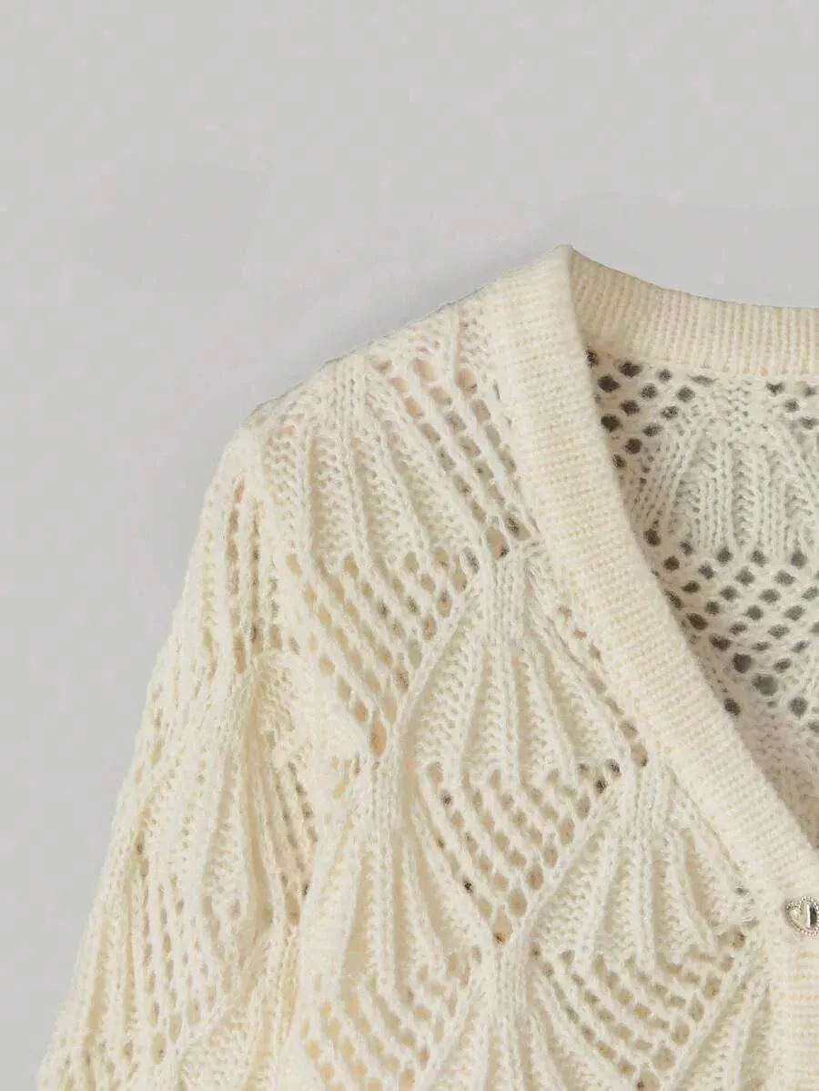 Mckenna Button-Up V-Neck Knit Cardigan in Apricot