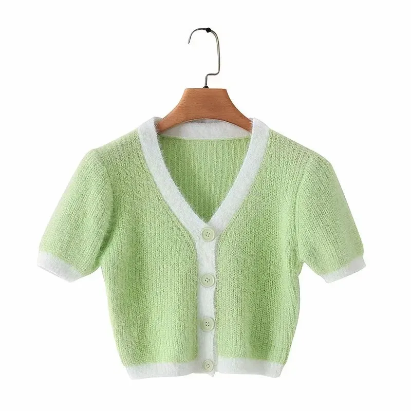 Mohair Single-breasted Knitting Short Cardigan Green