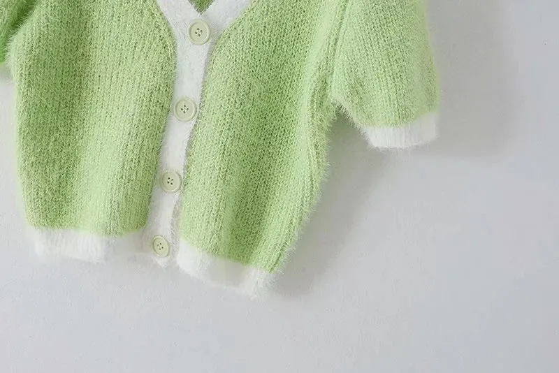 Mohair Single-breasted Knitting Short Cardigan Green