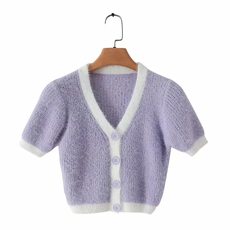 Mohair Single-breasted Knitting Short Cardigan Green