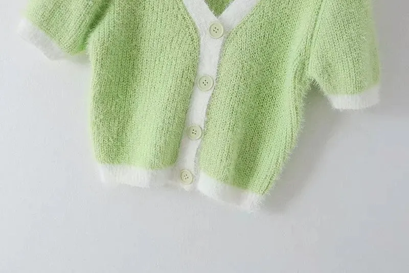 Mohair Single-breasted Knitting Short Cardigan Green
