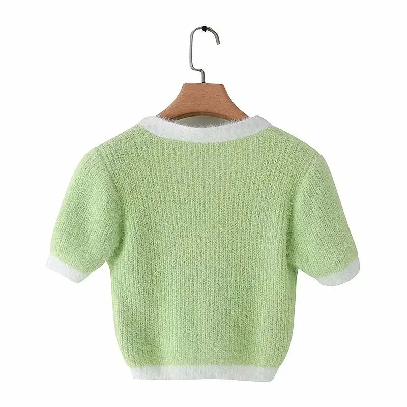Mohair Single-breasted Knitting Short Cardigan Green