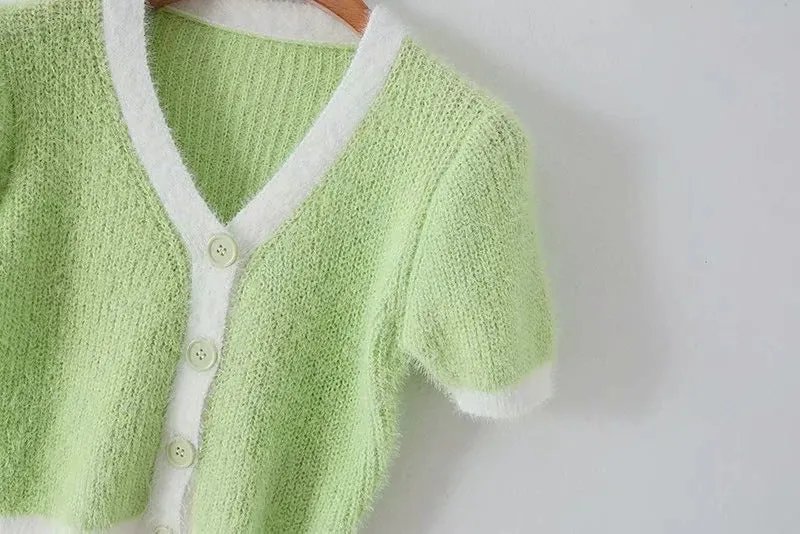 Mohair Single-breasted Knitting Short Cardigan Green
