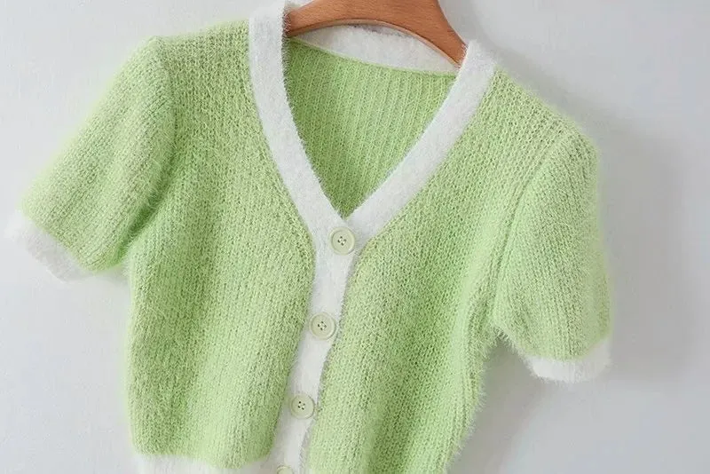 Mohair Single-breasted Knitting Short Cardigan Green
