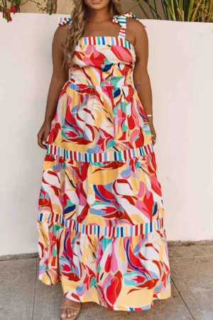 Multicolor Bohemian Abstract Print Tie Straps Maxi Dress